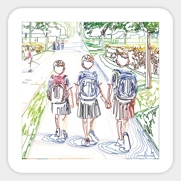 Children going to school Sticker by lodging leaves